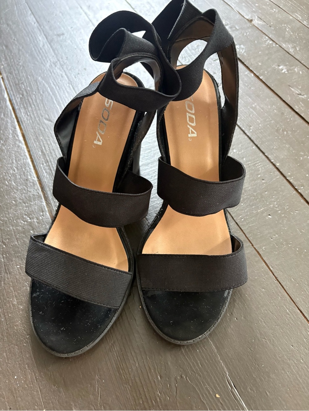 Soda Black Strappy Elastic Block Heels